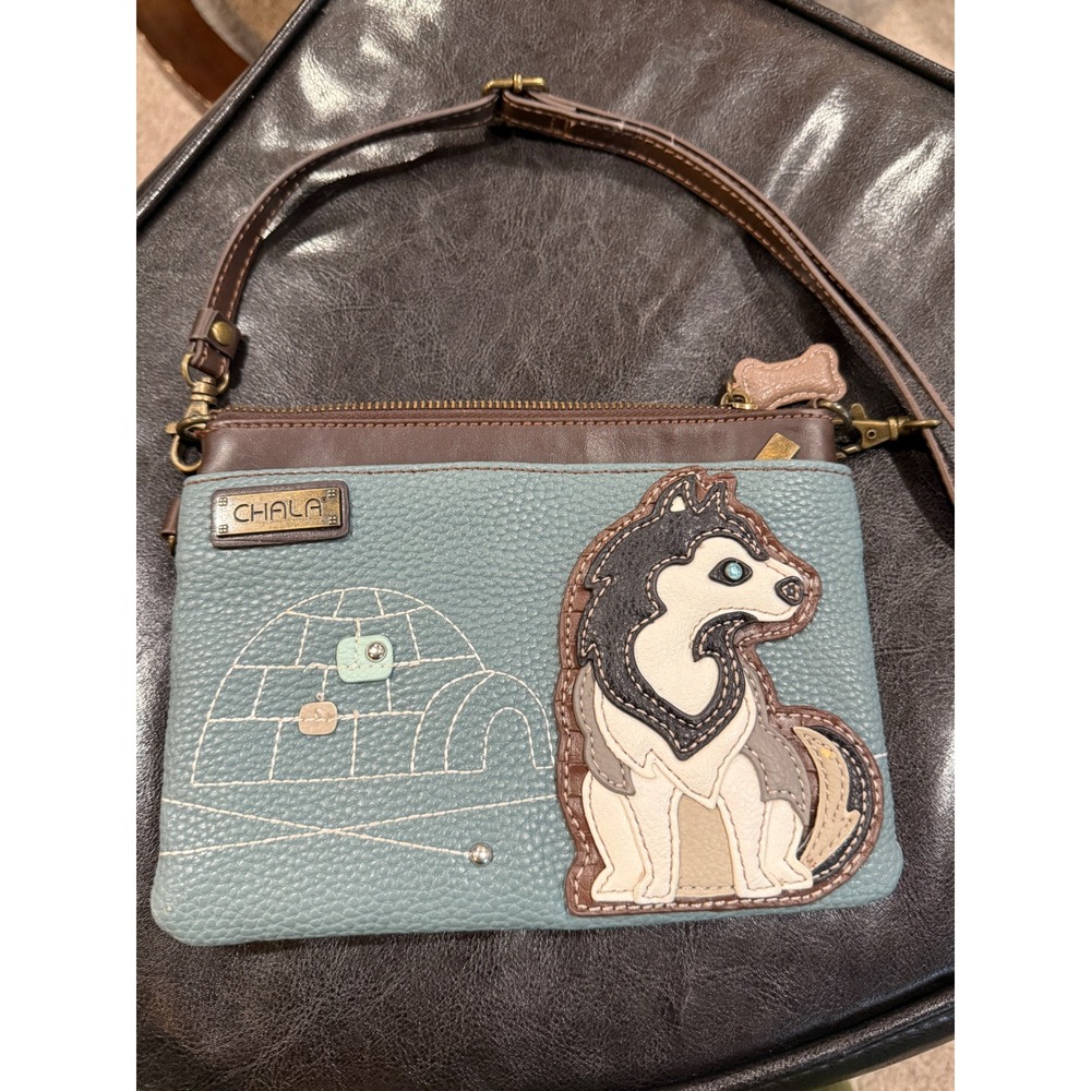 Chala Husky Dog Applique Crossbody Bag Blue Brown Vegan Leather Small Handbag